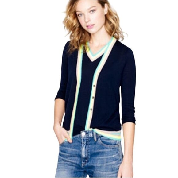 J.Crew Merino Wool Navy Neon Trim V Neck 3/4 Sleeve Cardigan Sweater Size S - Picture 1 of 6